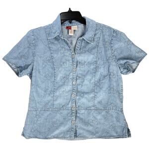 JM Collection Top Women 12 Blue Embroidery Floral Button Up Shirt Short Sleeve